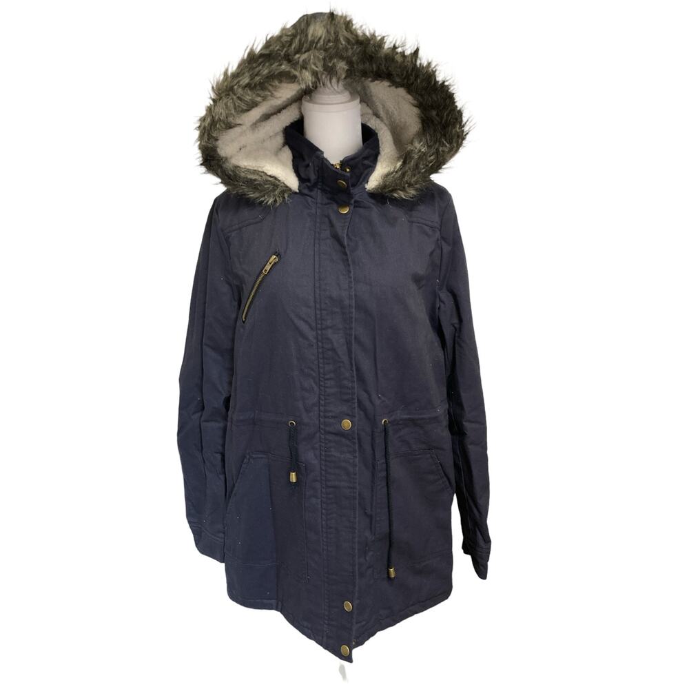 NWT Anorak Navy Parka Slim-fit Jacket size L Faux Fur Trim & Sherpa Lined Hood
